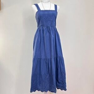 Blue cotton eyelet tiered midi dress with pockets uniqlo women's xs